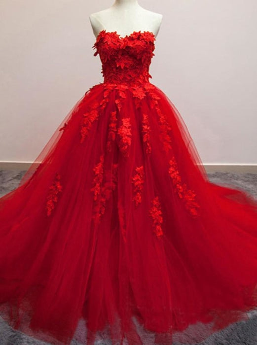 Sexy Red Sweetheart Strapless Ball Gown Applique Tulle Long Prom Dress Party Dresses - Prom Dresses