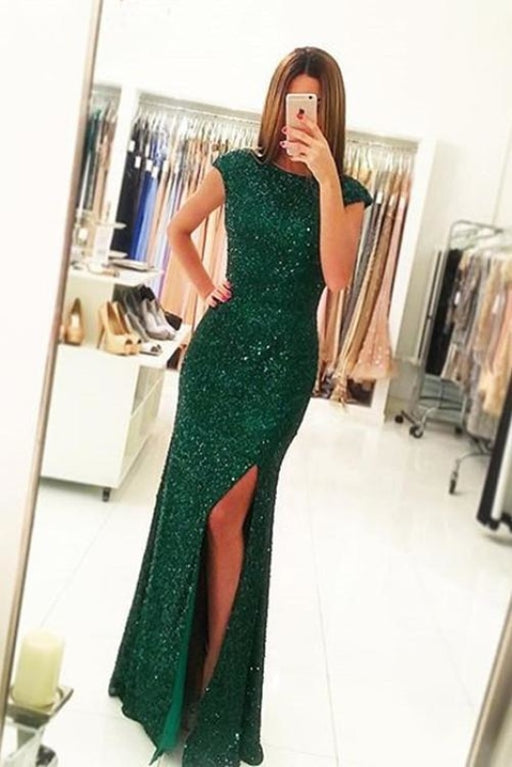 Sexy Side Slit Cap Sleeves Emerald Green Sequins Open Back Mermaid Evening Gowns - Prom Dresses