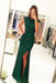 Sexy Side Slit Cap Sleeves Emerald Green Sequins Open Back Mermaid Evening Gowns - Prom Dresses