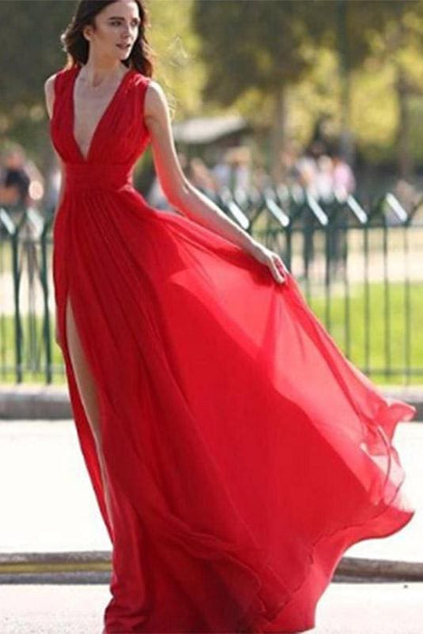 Chic Side Slit Deep V Neck Cheap Long Red Prom Dresses - Bridelily Chic Side Slit Deep V Neck Cheap Long Red Prom Dresses - Bridelily
