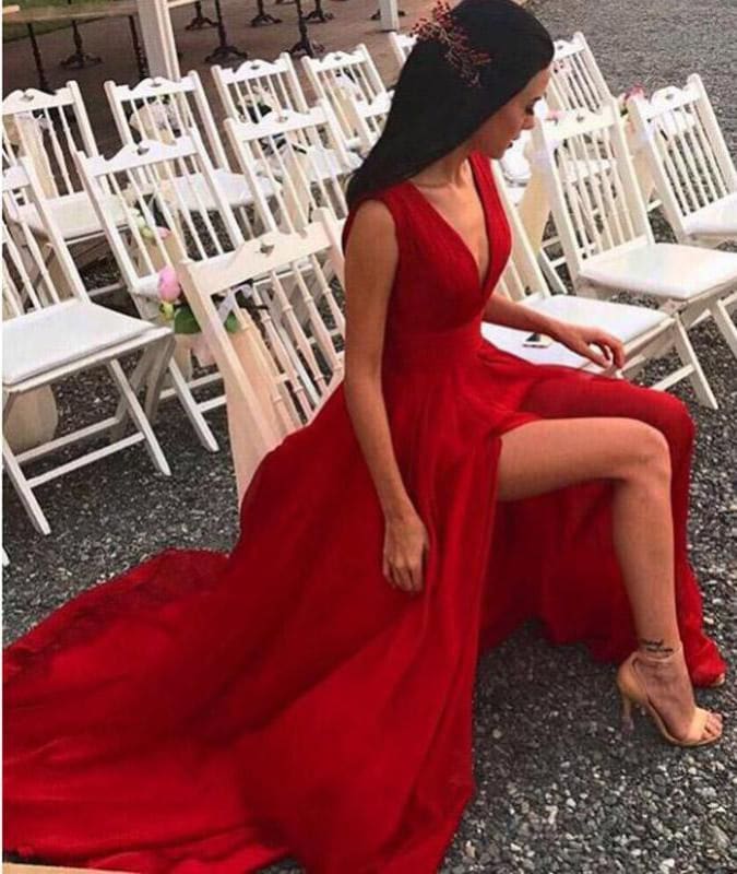 long red v-neck prom dress with side slit Simple Red A-line V Neckline Side Slit Long Prom Dress with Sweep Train, MP350