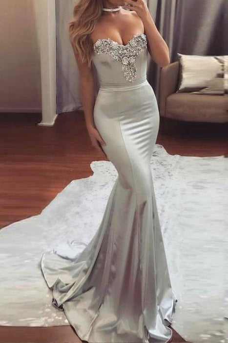 Sexy Silver Strapless Sweetheart Mermaid Beading Evening Long Prom Dress - Prom Dresses