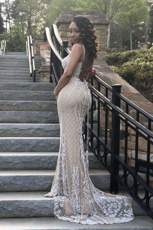 Sexy Spaghetti Strap Backless Lace Mermaid Prom Dresses - Prom Dresses