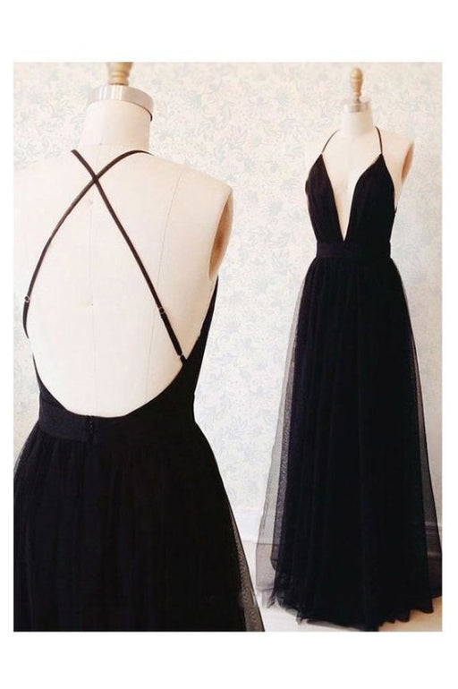 Sexy Spaghetti Straps Deep V-neck Sleeveless Black Tulle Prom Party Dress - Prom Dresses