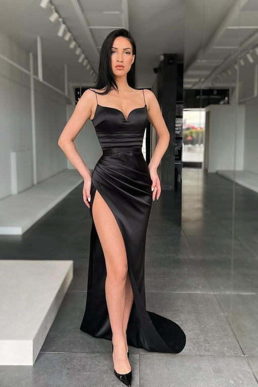 Sexy Spaghetti straps High split Prom Dress Black Sweetheart Party Dress - Prom Dresses