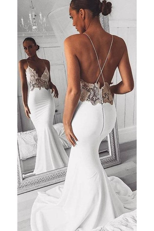 Sexy Spaghetti Straps Mermaid Long Beach Wedding Dress with Lace - Wedding Dresses