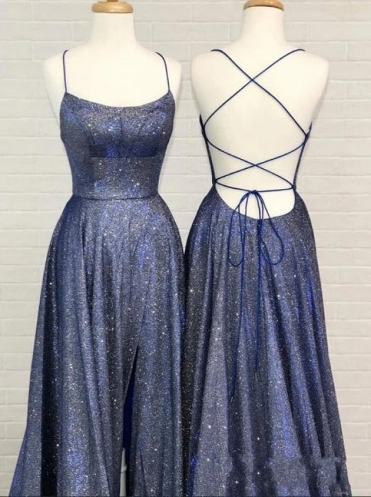 Sexy Spaghetti Straps Ruffles Prom Dress with Slit A-line Evening Dress - Prom Dresses