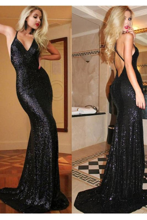 Sexy Spaghetti V-neck Long Mermaid Dresses Black Backless Sequin Prom Dress - Prom Dresses