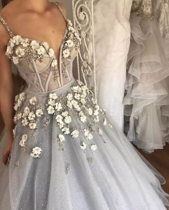 Sexy Straps Ball Gown Appliqued Deep V-neck Wedding Dress - Wedding Dresses