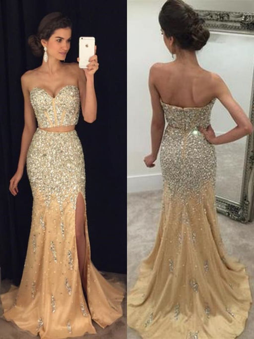 Sexy Sweetheart Neck Two Pieces Mermaid Beaded Champagne Prom Dresses 2019, Two Pieces Mermaid Champagne Formal Dresses, Evening Dresses