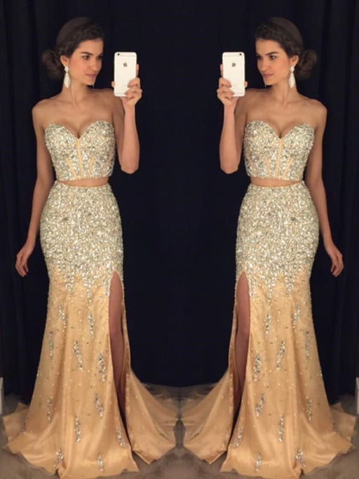 Sexy Sweetheart Neck Two Pieces Mermaid Beaded Champagne Prom Dresses 2019, Two Pieces Mermaid Champagne Formal Dresses, Evening Dresses