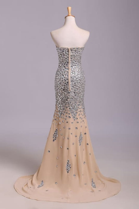 Sexy Sweetheart Sequined Prom Strapless Mermaid Split Rhinestone Evening Dress - Prom Dresses