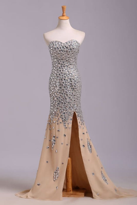 Sexy Sweetheart Sequined Prom Strapless Mermaid Split Rhinestone Evening Dress - Prom Dresses