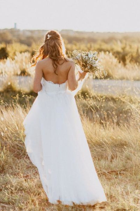 Sexy Sweetheart White Tulle Backless Beach with Lace Long Wedding Dress - Wedding Dresses