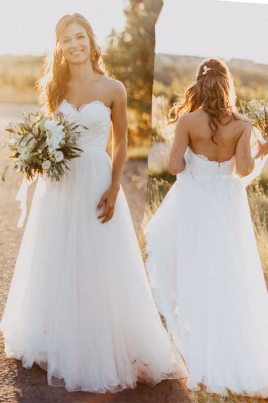 Sexy Sweetheart White Tulle Backless Beach with Lace Long Wedding Dress - Wedding Dresses