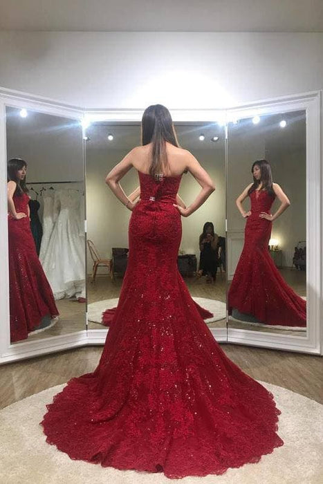red and silver prom dress Chic Trumpet Strapless Sweep Cheap Red Ball Gowns