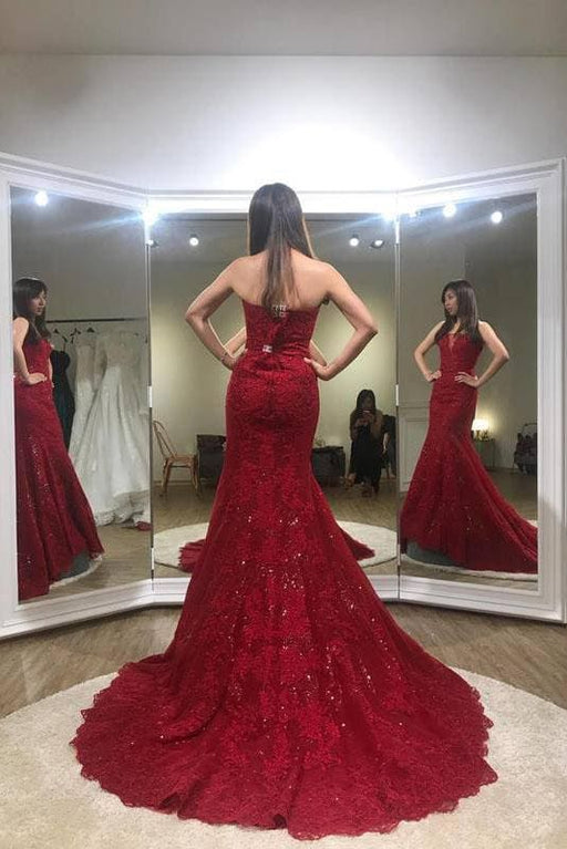 Sexy Trumpet Red Strapless Sweep Train Lace Prom Dress Long Formal Gown - Prom Dresses
