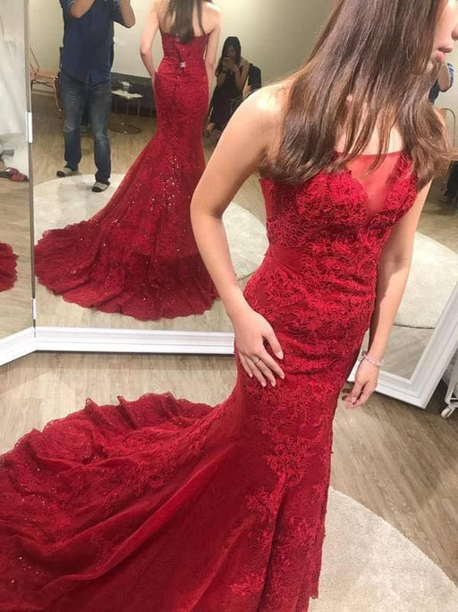 Sexy Trumpet Red Strapless Sweep Train Lace Prom Dress Long Formal Gown - Prom Dresses