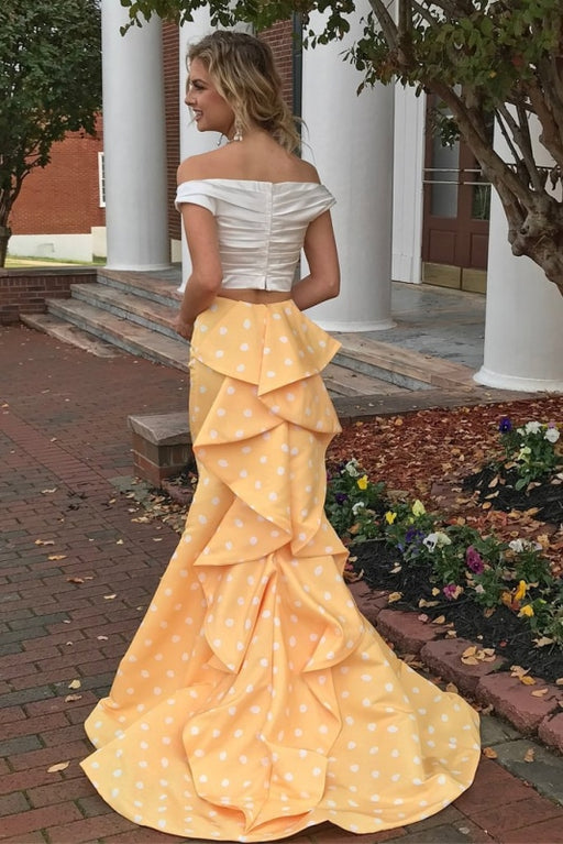 Sexy Two Piece Off the Shoulder White and Yellow Polkdots Mermaid Prom Dress - Prom Dresses