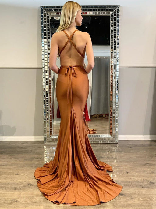 Sexy V Neck Backless Mermaid Clay Satin Long Prom Dresses, Mermaid Clay Formal Dresses, Clay Evening Dresses