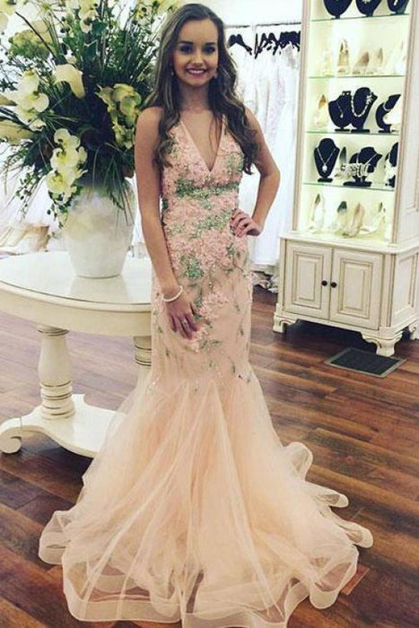 Sexy V-neck Sleeveless Mermaid Tulle Long Prom Dress with Appliques - Prom Dresses