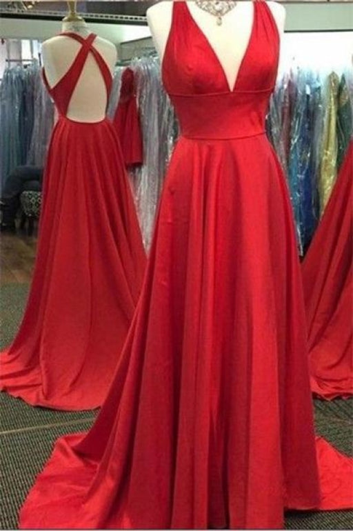 Sexy V-Neck Sleeveless Prom Gown with Side Slit Sweep Train Split Red Dresses - Prom Dresses