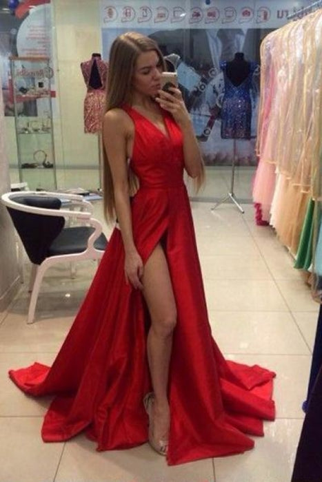 Sexy V-Neck Sleeveless Prom Gown with Side Slit Sweep Train Split Red Dresses - Prom Dresses