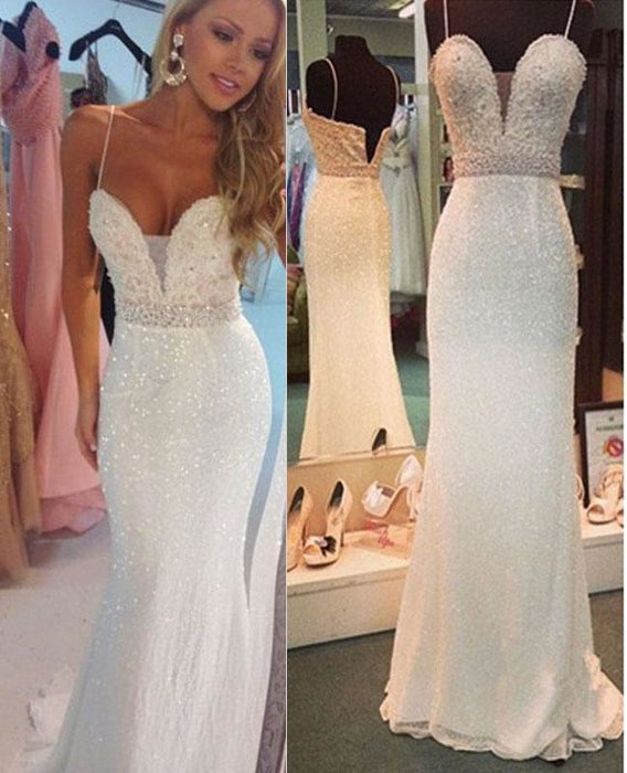 Sexy White Beaded Spaghetti Straps Mermaid Evening Party Dresses Sparkly Prom Gown - Prom Dresses