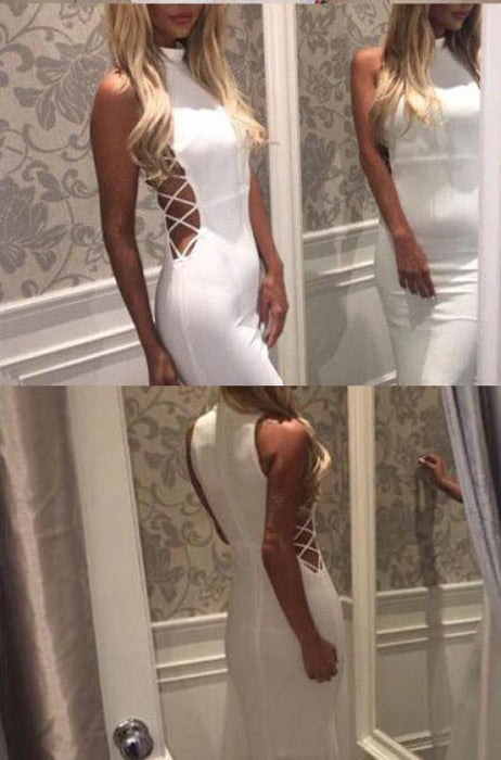 Sexy White Mermaid High Neck Sleeveless Long Prom Dresses - Prom Dresses