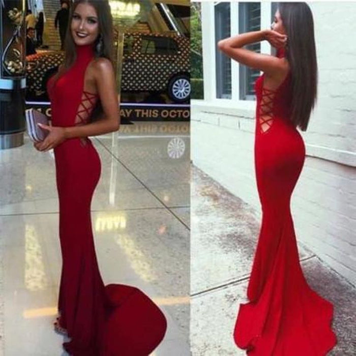 Sexy White Mermaid High Neck Sleeveless Long Prom Dresses - Prom Dresses