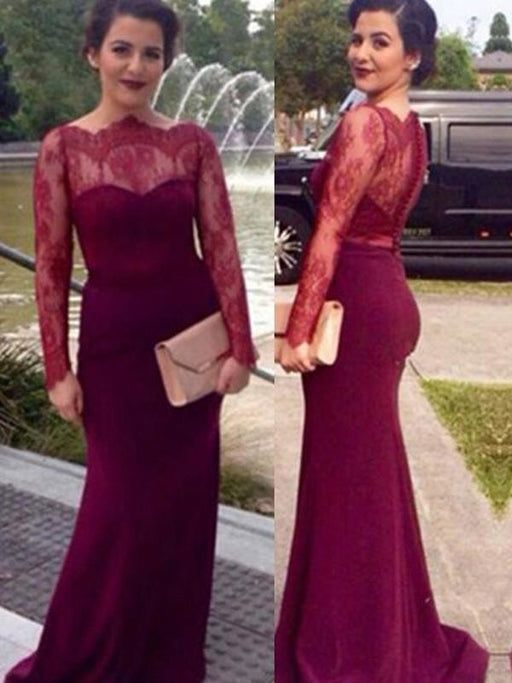 Sheath Chiffon Scoop Long Sleeves Floor-Length With Lace Dresses - Prom Dresses