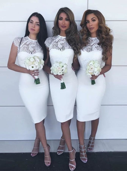 Sheath Jewel Knee Length White Satin Bridesmaid Dress - Bridesmaid Dresses