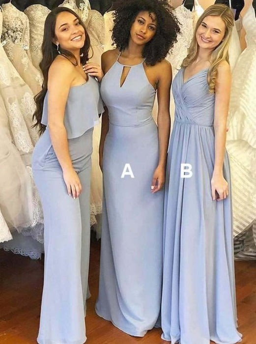 Sheath Jewel Sweep Train Blue Chiffon Bridesmaid Dress - Bridesmaid Dresses