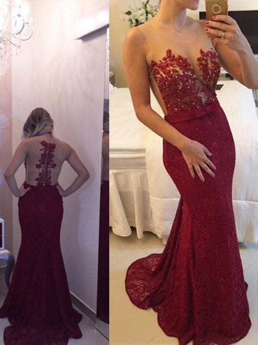 Sheath Lace Scoop Sleeveless Sweep/Brush Train With Applique Dresses - Prom Dresses