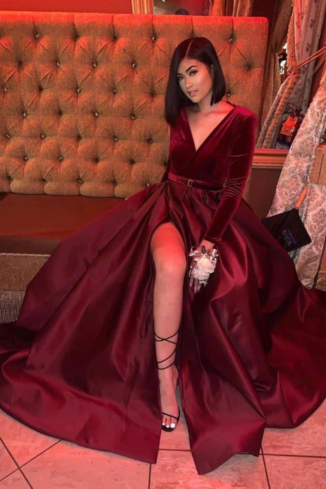 Sheath Long Sleeves Split Floor Length Prom Red Evening Dress - Prom Dresses