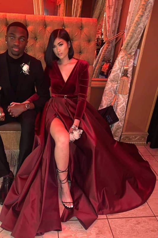 Sheath Sleeves Split Cheap Long Red Prom Dresses - Bridelily Sheath Sleeves Split Cheap Long Red Prom Dresses - Bridelily