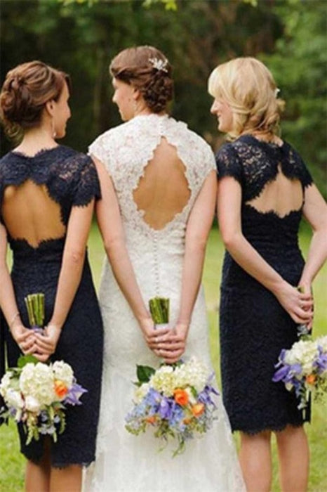 Sheath Navy Blue Open Back Lace Bridesmaid Dresses Wedding Party Dresses - Bridesmaid Dresses