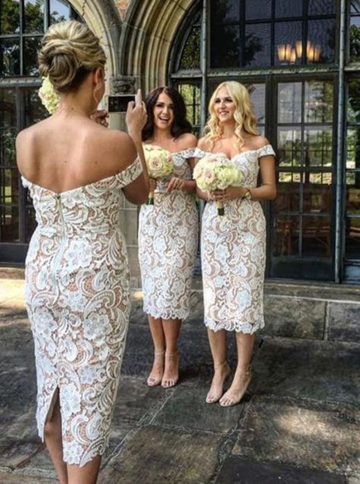 Sheath Off Shoulder Mid-Calf Ivory Lace Bridesmaid Dress - Bridesmaid Dresses