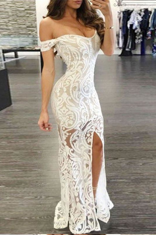 Sheath Off-Shoulder Prom Long Formal Dress Lace Evening Gown with Split - Prom Dresses