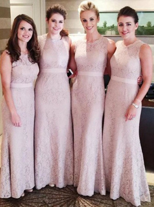 Sheath Round Neck Floor-Length Pink Lace Bridesmaid Dress - Bridesmaid Dresses