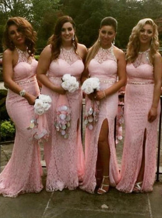 Sheath Round Neck Sweep Train Pink Lace Split Sequins Bridesmaid Dress - Bridesmaid Dresses