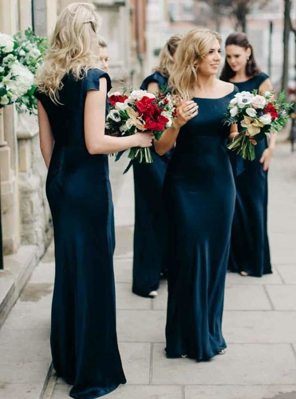 Sheath Sccop Sleeveless Navy Blue Satin Bridesmaid Dress - Bridesmaid Dresses
