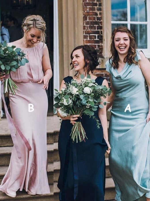 Sheath Scoop Floor Length Turquoise Satin Bridesmaid Dress - Bridesmaid Dresses