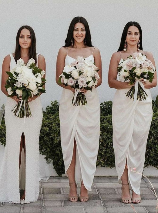 Sheath Spaghetti Straps Ankle Length White Satin Bridesmaid Dress - Bridesmaid Dresses