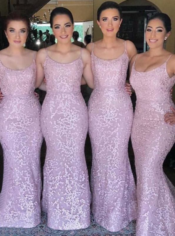 Sheath Spaghetti Straps Floor Length Lavender Lace Bridesmaid Dress - Bridesmaid Dresses