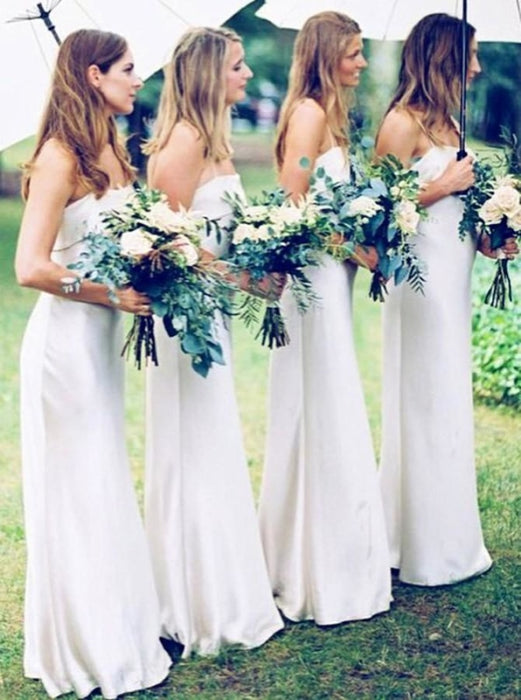 Sheath Spaghetti Straps Floor Length White Satin Bridesmaid Dress - Bridesmaid Dresses