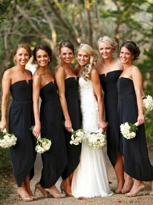 Sheath Strapless Ankle Length Black Elastic Satin Bridesmaid Dress - Bridesmaid Dresses