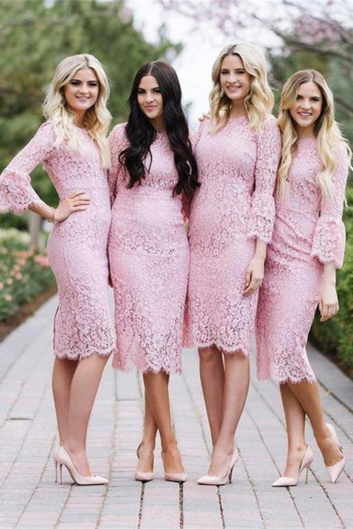Sheath Tea Length Pink Lace Simple Elegant Bridesmaid Dresses - Bridesmaid Dresses