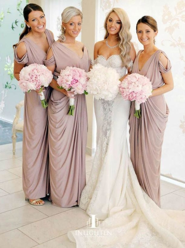 Sheath V-Neck Cold Shoulder Ruched Purple Satin Bridesmaid Dress - Bridesmaid Dresses
