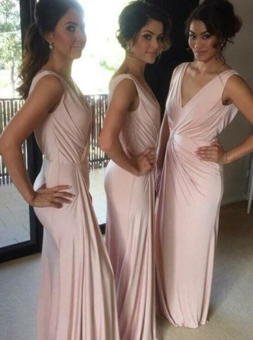 Sheath V-Neck Floor-Length Pink Spandex Bridesmaid Dress - Bridesmaid Dresses
